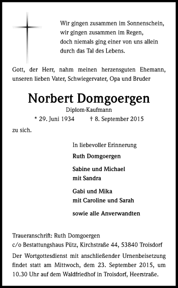 Anzeige von Norbert Domgoergen von Kölner Stadt-Anzeiger / Kölnische Rundschau / Express