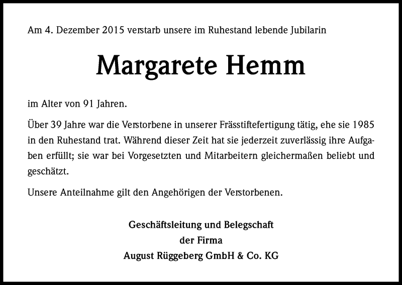  Traueranzeige für Margarete Hemm vom 16.12.2015 aus Kölner Stadt-Anzeiger / Kölnische Rundschau / Express