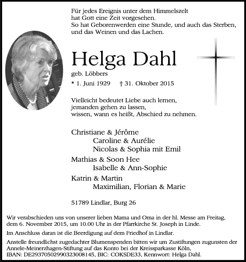  Traueranzeige für Helga Dahl vom 03.11.2015 aus Kölner Stadt-Anzeiger / Kölnische Rundschau / Express