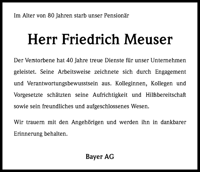  Traueranzeige für Friedrich Meuser vom 14.11.2015 aus Köln - Wir Trauern