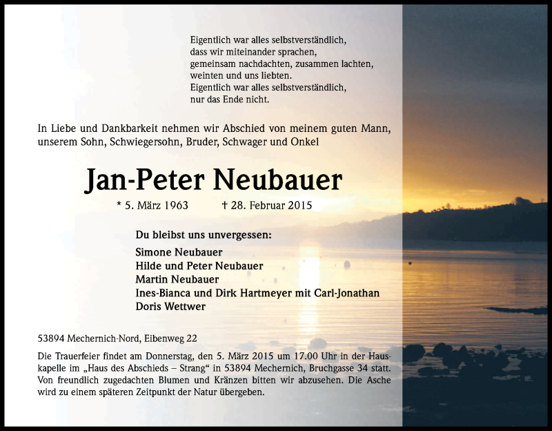  Traueranzeige für Jan-Peter Neubauer vom 03.03.2015 aus Kölner Stadt-Anzeiger / Kölnische Rundschau / Express
