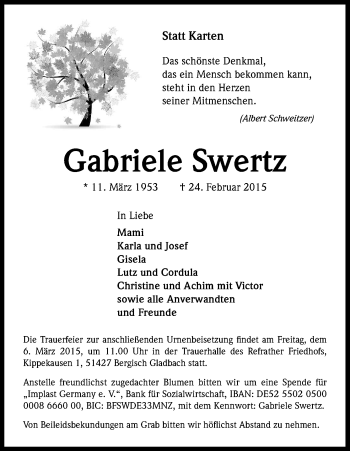 Anzeige von Gabriele Swertz von Kölner Stadt-Anzeiger / Kölnische Rundschau / Express