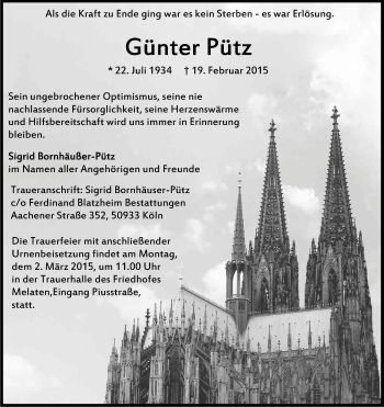 Anzeige von Günter Pütz von Kölner Stadt-Anzeiger / Kölnische Rundschau / Express