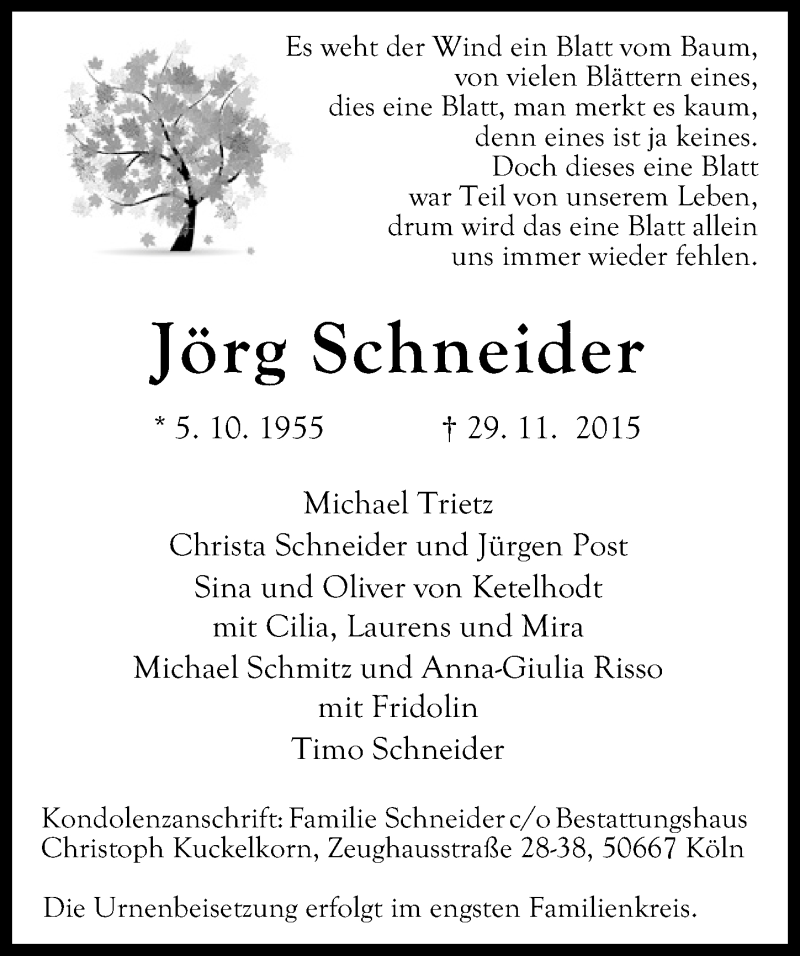  Traueranzeige für Jörg Schneider vom 05.12.2015 aus  Rhein-Sieg-Wochenende 