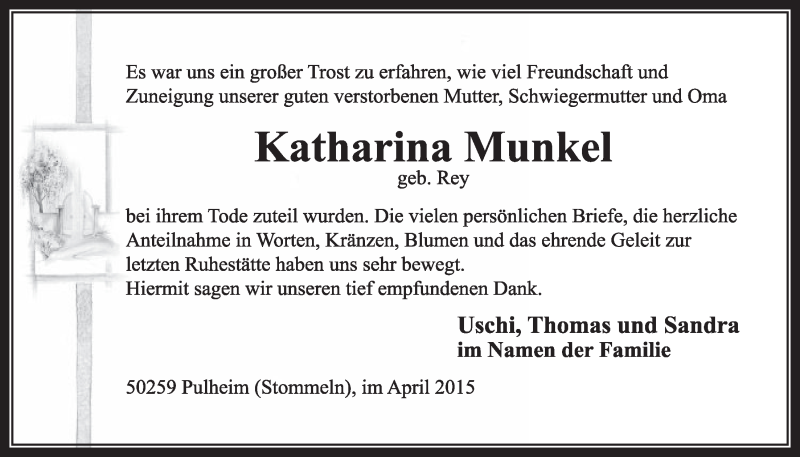  Traueranzeige für Katharina Munkel vom 11.04.2015 aus  Sonntags-Post 