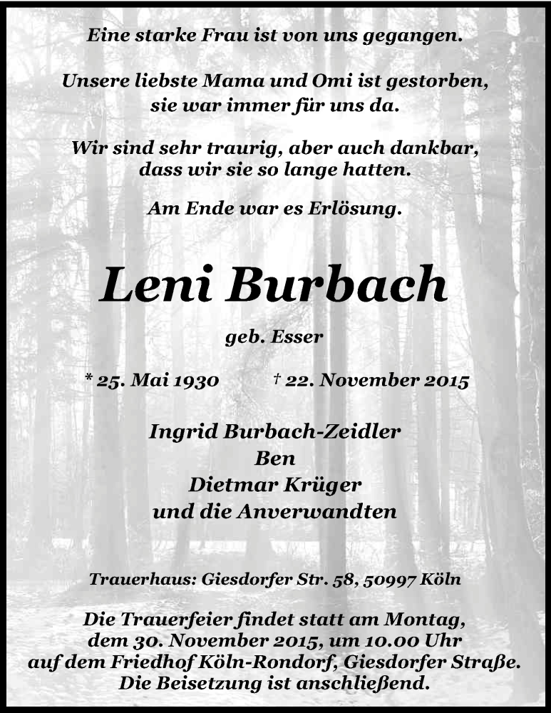  Traueranzeige für Leni Burbach vom 28.11.2015 aus Kölner Stadt-Anzeiger / Kölnische Rundschau / Express