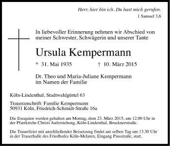 Anzeige von Ursula Kempermann von Kölner Stadt-Anzeiger / Kölnische Rundschau / Express