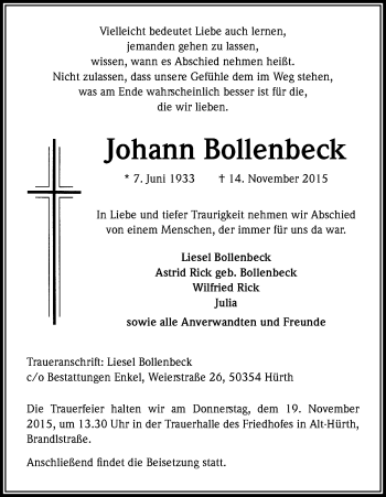 Anzeige von Johann Bollenbeck von Kölner Stadt-Anzeiger / Kölnische Rundschau / Express
