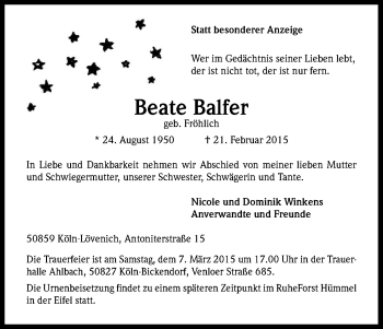 Anzeige von Beate Balfer von Kölner Stadt-Anzeiger / Kölnische Rundschau / Express
