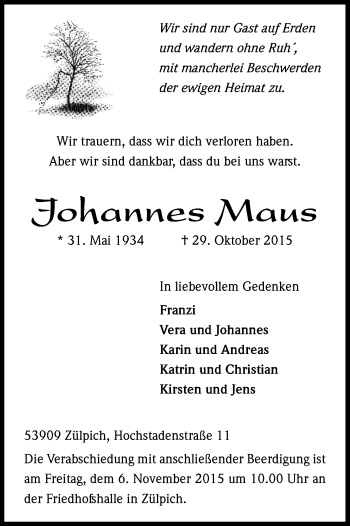 Anzeige von Johannes Maus von Kölner Stadt-Anzeiger / Kölnische Rundschau / Express