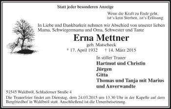 Anzeige von Erna Mettner von  Lokalanzeiger 