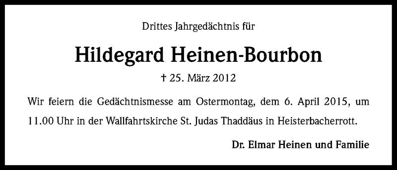  Traueranzeige für Hildegard Heinen-Bourbon vom 28.03.2015 aus Kölner Stadt-Anzeiger / Kölnische Rundschau / Express
