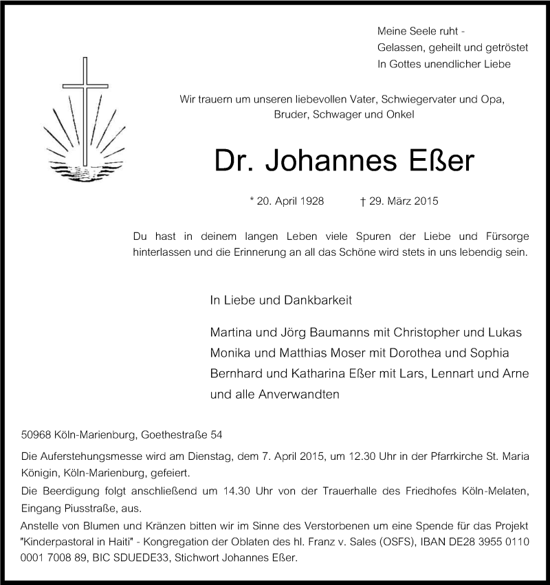  Traueranzeige für Johannes Eßer vom 04.04.2015 aus Kölner Stadt-Anzeiger / Kölnische Rundschau / Express