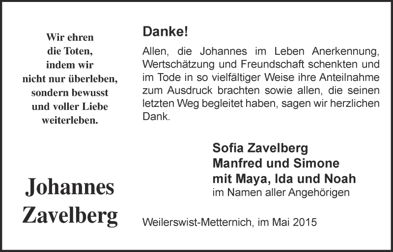  Traueranzeige für Johannes Zavelberg vom 10.05.2015 aus  Blickpunkt Euskirchen 