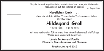 Anzeige von Hildegard Groll von  Sonntags-Post 