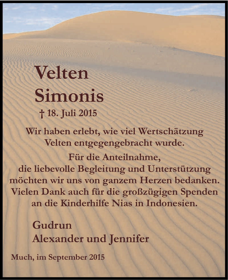  Traueranzeige für Velten Simonis vom 12.09.2015 aus Kölner Stadt-Anzeiger / Kölnische Rundschau / Express