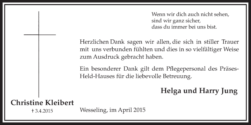  Traueranzeige für Christine Kleibert vom 29.04.2015 aus  Schlossbote/Werbekurier 
