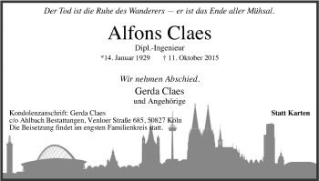 Anzeige von Alfons Claes von Kölner Stadt-Anzeiger / Kölnische Rundschau / Express