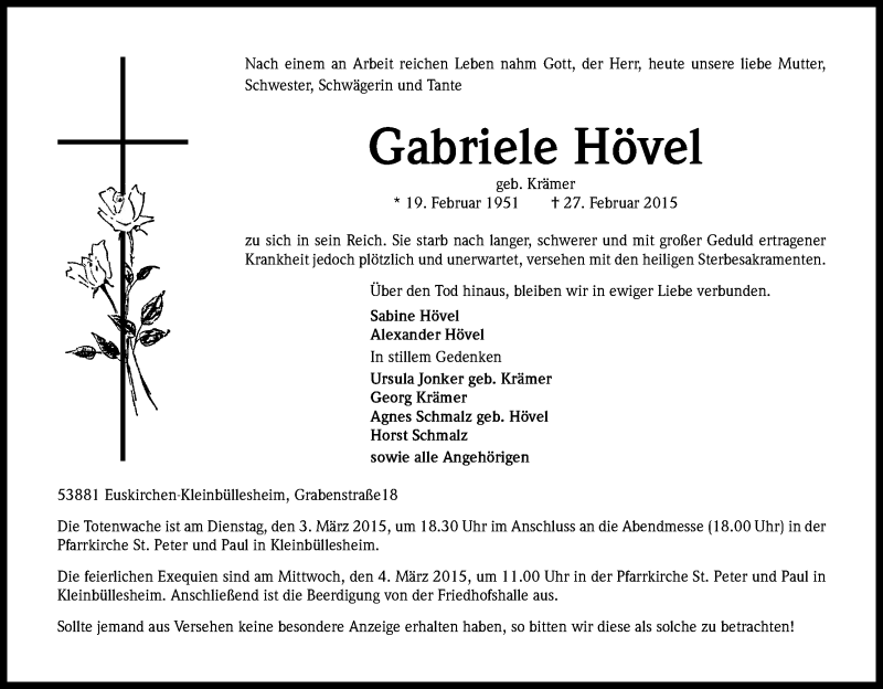  Traueranzeige für Gabriele Hövel vom 02.03.2015 aus Kölner Stadt-Anzeiger / Kölnische Rundschau / Express