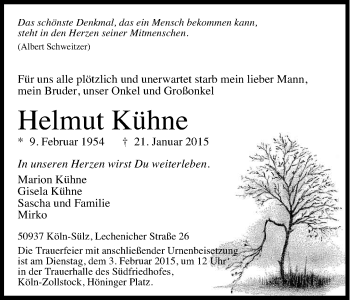 Anzeige von Helmut Kühne von Kölner Stadt-Anzeiger / Kölnische Rundschau / Express