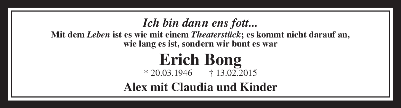  Traueranzeige für Erich Bong vom 25.02.2015 aus  Wochenende 