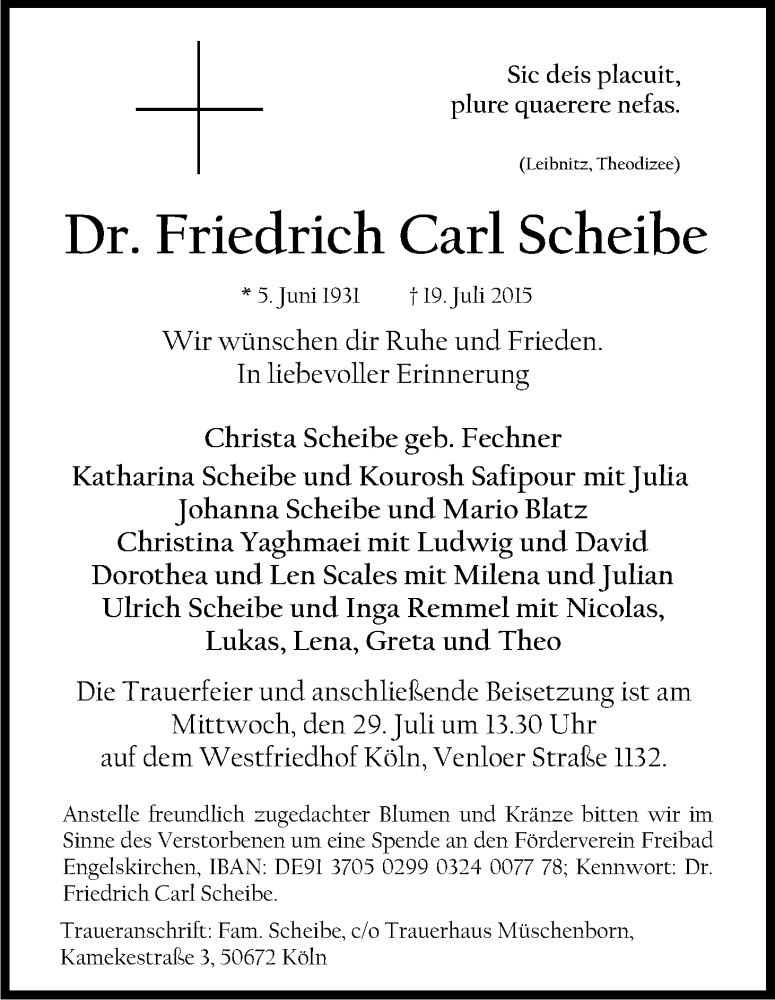  Traueranzeige für Friedrich Carl Scheibe vom 25.07.2015 aus Kölner Stadt-Anzeiger / Kölnische Rundschau / Express