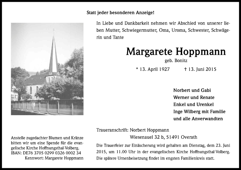  Traueranzeige für Margarete Hoppmann vom 20.06.2015 aus Kölner Stadt-Anzeiger / Kölnische Rundschau / Express