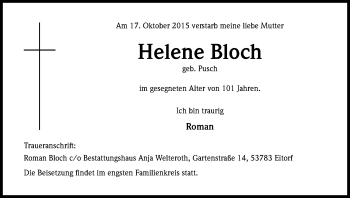 Anzeige von Helene Bloch von Kölner Stadt-Anzeiger / Kölnische Rundschau / Express