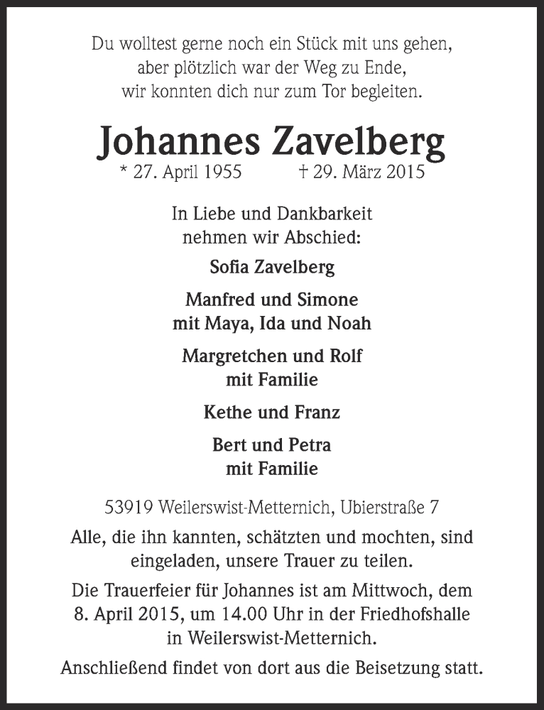  Traueranzeige für Johannes Zavelberg vom 05.04.2015 aus  Blickpunkt Euskirchen 