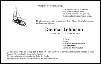 Anzeige von Dietmar Lehmann von Kölner Stadt-Anzeiger / Kölnische Rundschau / Express