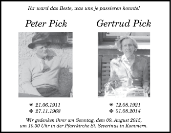 Anzeige von Gertrud und Peter Pick von Kölner Stadt-Anzeiger / Kölnische Rundschau / Express