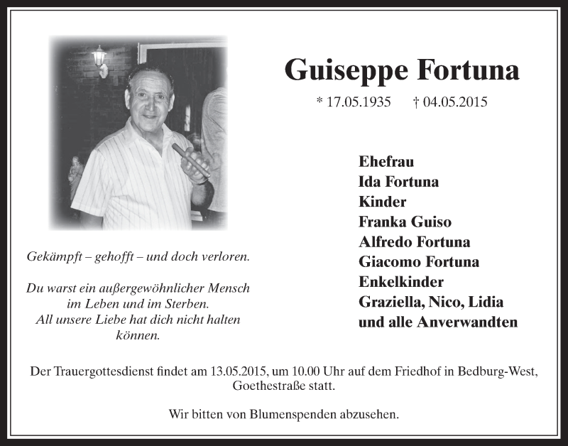  Traueranzeige für Guiseppe Fortuna vom 09.05.2015 aus  Sonntags-Post 
