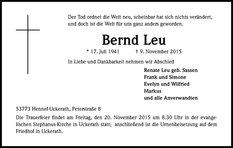  Traueranzeige für Bernd Leu vom 14.11.2015 aus Köln - Wir Trauern