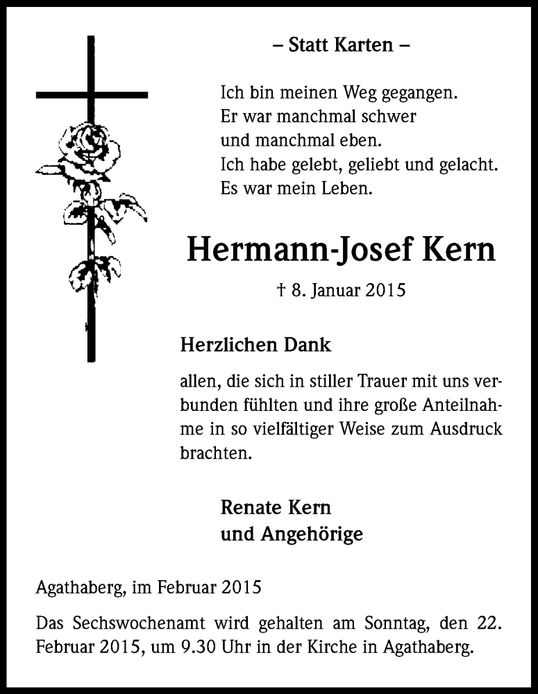  Traueranzeige für Hermann-Josef Kern vom 14.02.2015 aus Kölner Stadt-Anzeiger / Kölnische Rundschau / Express