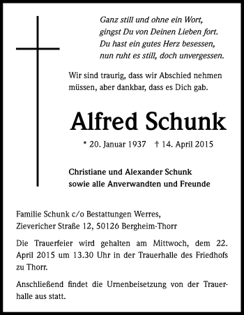 Anzeige von Alfred Schunk von Kölner Stadt-Anzeiger / Kölnische Rundschau / Express