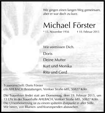 Anzeige von Michael Förster von Kölner Stadt-Anzeiger / Kölnische Rundschau / Express