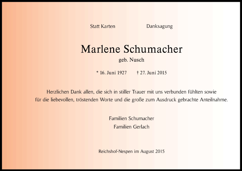  Traueranzeige für Marlene Schumacher vom 05.09.2015 aus Kölner Stadt-Anzeiger / Kölnische Rundschau / Express