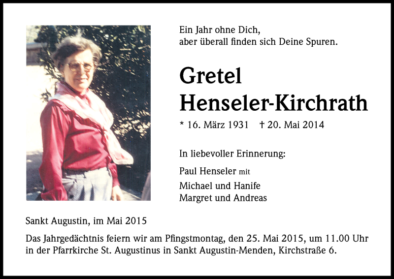  Traueranzeige für Gretel Henseler-Kirchrath vom 23.05.2015 aus Kölner Stadt-Anzeiger / Kölnische Rundschau / Express