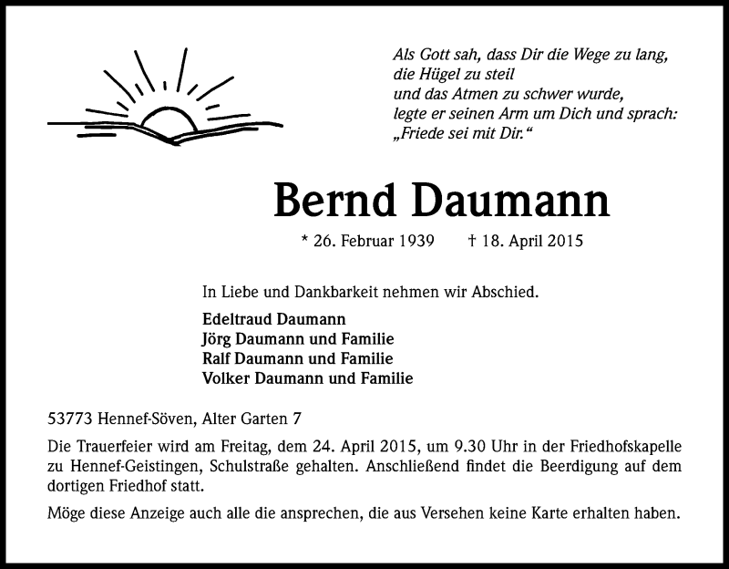  Traueranzeige für Bernd Daumann vom 22.04.2015 aus Kölner Stadt-Anzeiger / Kölnische Rundschau / Express