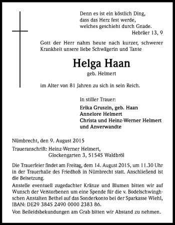 Anzeige von Helga Haan von Kölner Stadt-Anzeiger / Kölnische Rundschau / Express