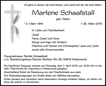 Anzeige von Marlene Schaafstall von Kölner Stadt-Anzeiger / Kölnische Rundschau / Express
