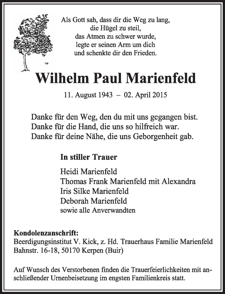  Traueranzeige für Wilhelm Paul Marienfeld vom 11.04.2015 aus  Sonntags-Post 