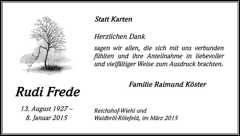  Traueranzeige für Rudi Frede vom 07.03.2015 aus Kölner Stadt-Anzeiger / Kölnische Rundschau / Express