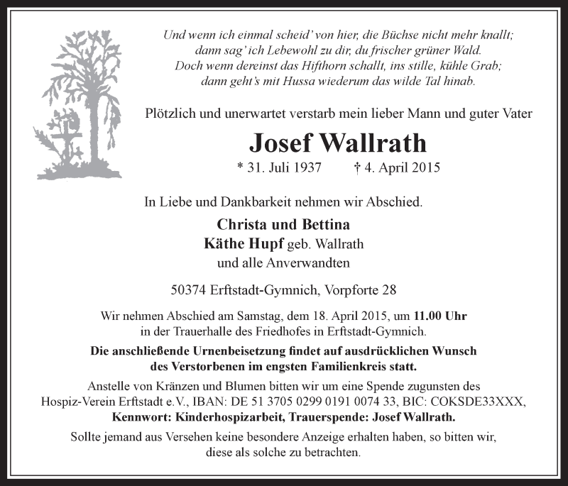  Traueranzeige für Josef Wallrath vom 15.04.2015 aus  Werbepost 