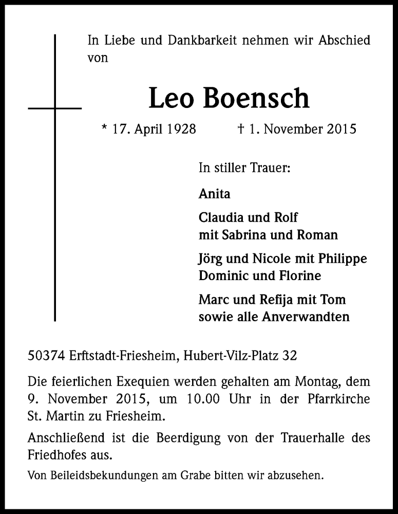  Traueranzeige für Leo Boensch vom 06.11.2015 aus Kölner Stadt-Anzeiger / Kölnische Rundschau / Express
