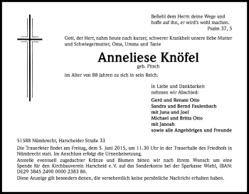 Anzeige von Anneliese Knöfel von Kölner Stadt-Anzeiger / Kölnische Rundschau / Express