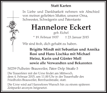 Anzeige von Hannelore Eckert von  Sonntags-Post 