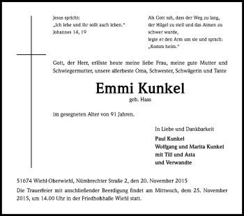 Anzeige von Emmi Kunkel von Kölner Stadt-Anzeiger / Kölnische Rundschau / Express