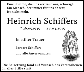 Anzeige von Heinrich Schiffers von Kölner Stadt-Anzeiger / Kölnische Rundschau / Express