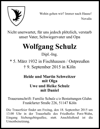 Anzeige von Wolfgang Schulz von Kölner Stadt-Anzeiger / Kölnische Rundschau / Express